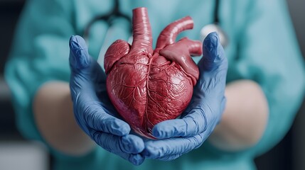 A pair of gloved hands holding a detailed anatomical model of a human heart, symbolizing medical care and cardiovascular health.