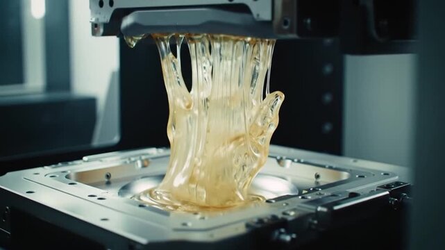 Liquid resin pouring from printer in industrial manufacturing process  