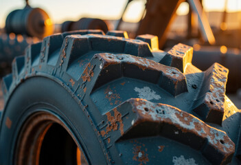 Fototapeta premium Close-up of a worn heavy-duty tire with rust and dirt during sunset
