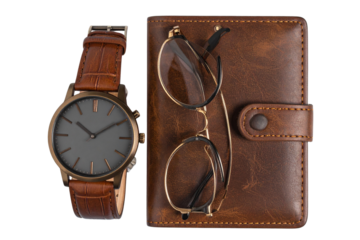Brown Leather Wristwatch with Sunglasses and Wallet, Transparent PNG