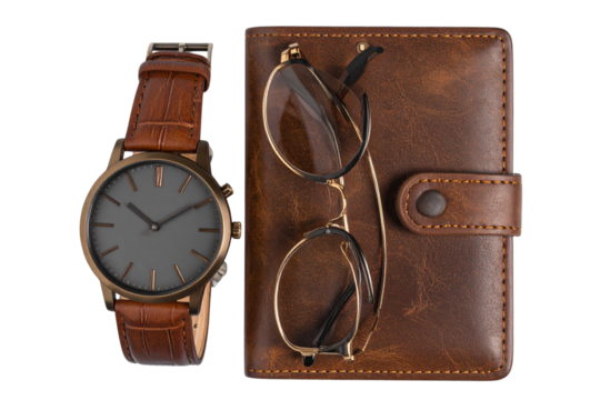 Brown Leather Wristwatch with Sunglasses and Wallet, Transparent PNG