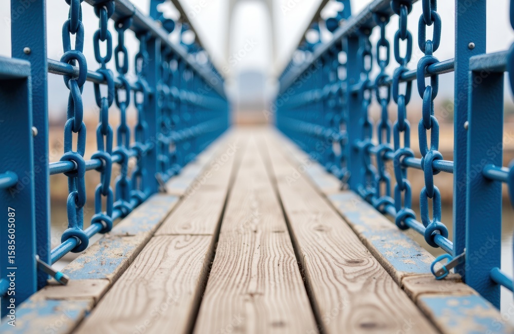Poster a wooden bridge with blue metal railings extending into the distance creating a symmetrical perspect