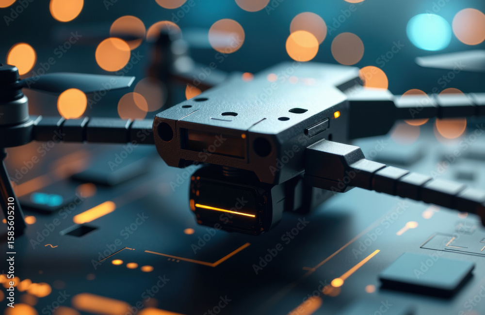 Poster close-up of a drone with propellers on a digital circuit board background with glowing lights