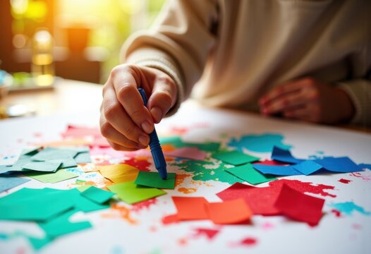 Child's hand holding a blue marker, creating colorful paper collage on a table