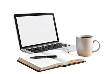 Modern Laptop with Open Notebook, Pen and Coffee Mug on Wooden Desk, Transparent PNG
