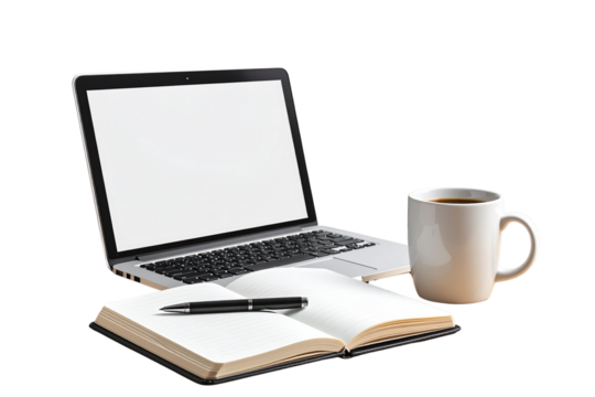 Modern Laptop with Open Notebook, Pen and Coffee Mug on Wooden Desk, Transparent PNG - Powered by Adobe