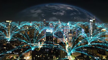 Futuristic smart city at night showing global network connections and digital data streams - Powered by Adobe