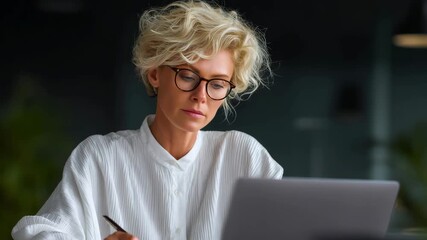 Woman in glasses focused on computer screen, wearing smart casual attire