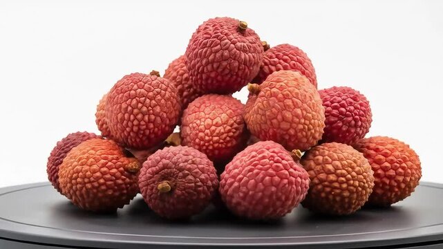 Fresh Lychees A CloseUp View of a Pile of Ripe Red Lychees on a Dark Circular Plate.
