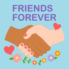 A flat, colorful illustration of two hands shaking — one light-skinned and one dark-skinned — symbolizing unity and lasting friendship.  Perfect for themes of friendship, peace, diversity, and unity.