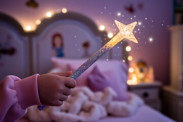 Sparkling fairy wand with star tip held by young girl’s hand, magical children’s toy
