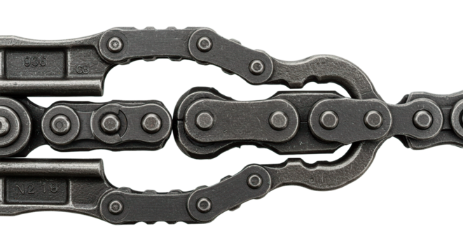 A detailed close-up of a strong, industrial metal chain on a dark background.