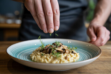 Close-up of hands sprinkling herbs over mushroom risotto