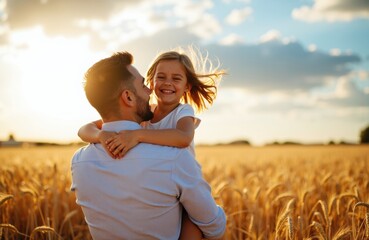 Happy father holding daughter in a golden wheat field at sunset