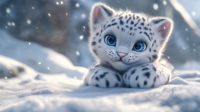 Adorable snow leopard cub in snowy landscape