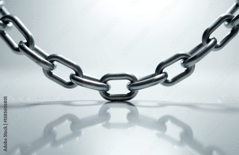 Poster a metal chain with interlinked loops on a reflective surface