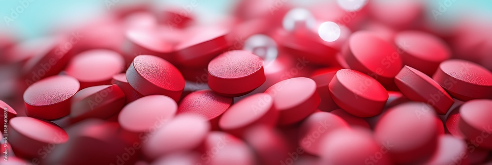 Poster close-up image of numerous red round pills scattered closely together with a shallow depth of field.