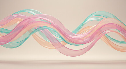 Abstract flowing ribbons of pastel pink peach and teal colors create a gentle wave motion