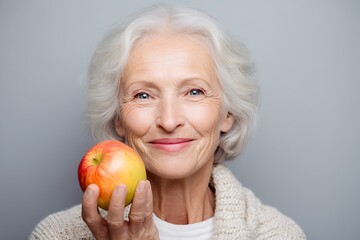 An elderly woman holding a bright apple with a smile, embodying the joys of healthy aging, nutrition, and a balanced lifestyle.