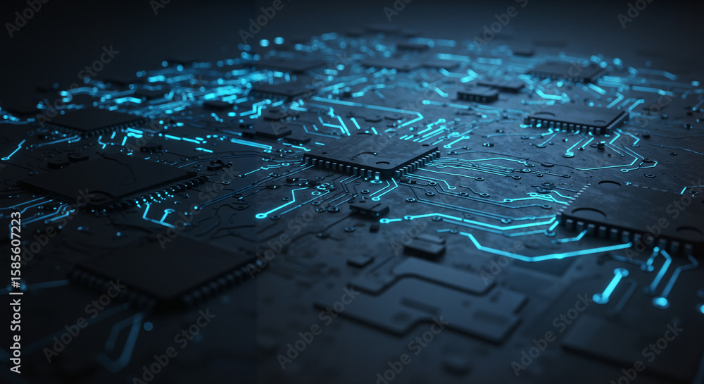 Poster circuit board with glowing blue lines and microchips on dark background