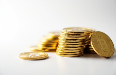 Golden Bitcoin coins stacked and scattered on a white surface with a plain background