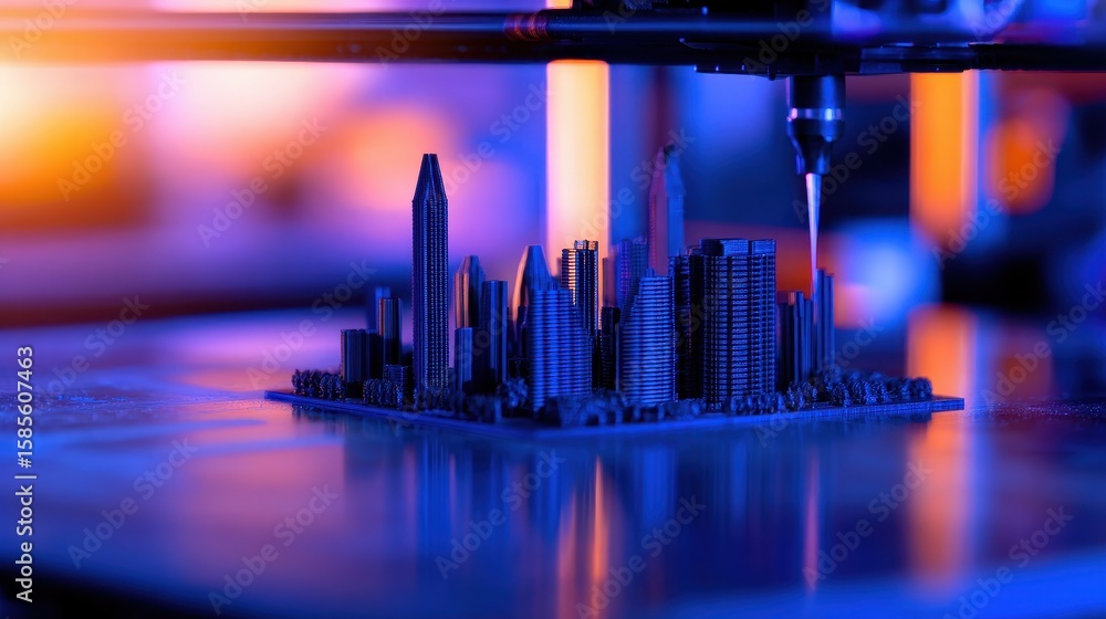 Poster 3d printer creating a detailed city skyline model in a vibrant workshop setting