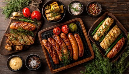 Assorted grilled meats and vegetables on a wooden surface