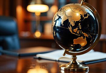 A black and gold globe on a wooden desk in a cozy, warmly lit office setting