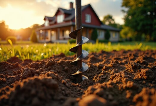 Close-up of a garden auger drill bit in freshly tilled soil during sunset