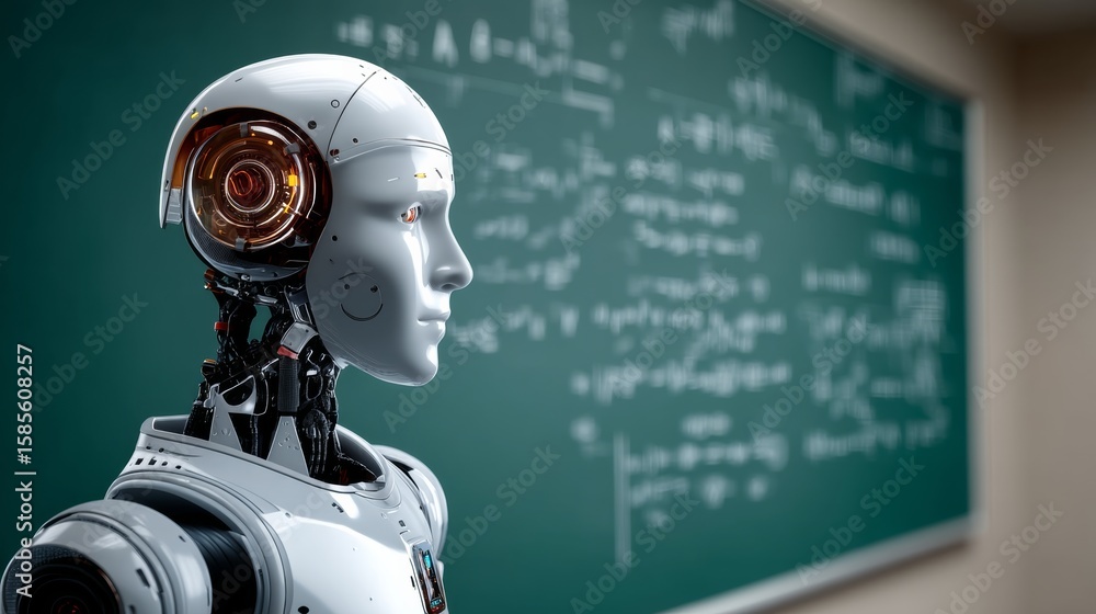 Poster robot is standing in front of a green chalkboard with mathematical equations on it. the robot's face