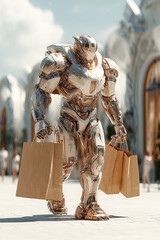 Shiny robot exoskeleton carries groceries in city with high tech delivery capabilities