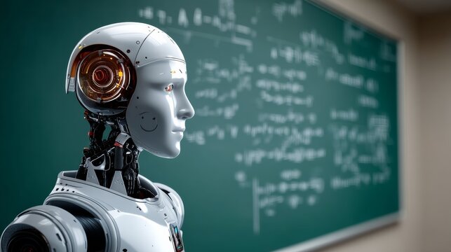 Robot is standing in front of a green chalkboard with mathematical equations on it. The robot's face is illuminated, and it is looking at the chalkboard. Concept of curiosity and intelligence