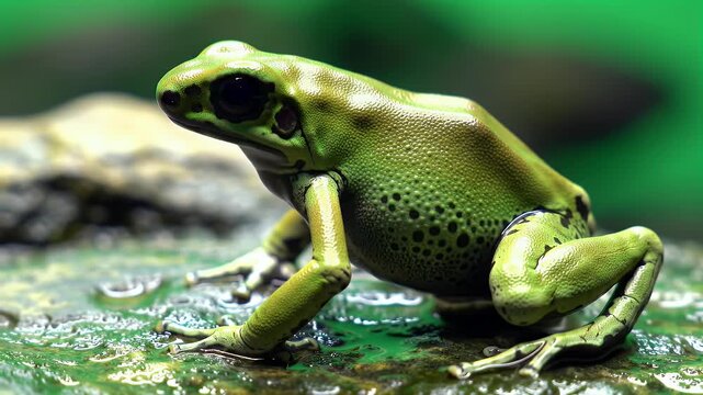 Vibrant Green Poison Dart Frog on Wet Moss in Tropical Rainforest Habitat, Capturing Exotic Wildlife Detail