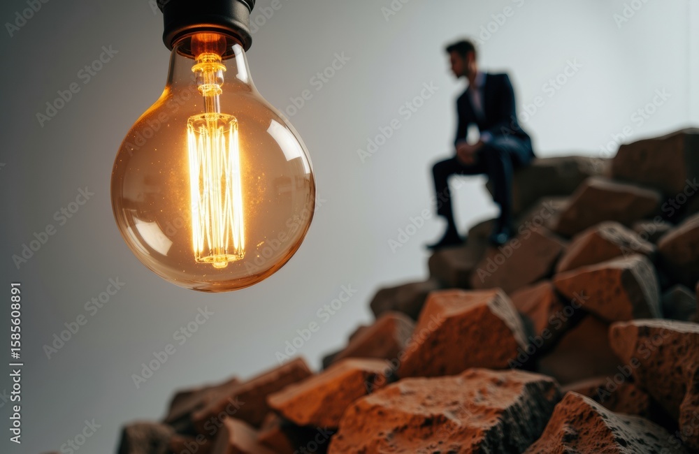 Poster a large illuminated light bulb hangs in the foreground with a blurred businessman sitting on rocks i