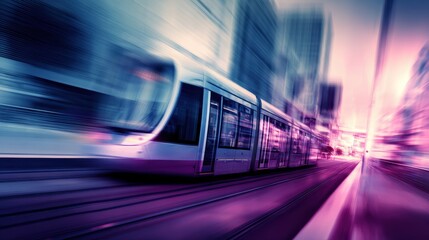 Fast-moving tram gliding through a vibrant cityscape with blurred buildings in the background