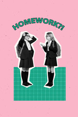 Composite artwork photo collage template sketch of classmates two young girl stand shocked homework...