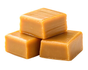 Three delicious caramel squares isolated on transparent background