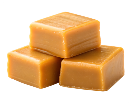 Three delicious caramel squares isolated on transparent background