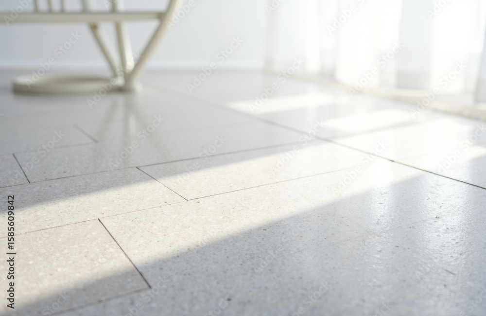 Poster sunlight streaming through windows onto a clean tiled floor creating natural shadows