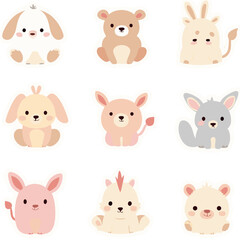 Cute Animal Vector SVG Illustration Set Featuring Adorable Cartoon Creatures in Flat Style with Soft Pastel Colors for Kids and Baby Design