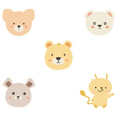 Cute Animal Vector SVG Illustration Set with Cartoon Bear Mouse and Lion Faces in Flat Design Style