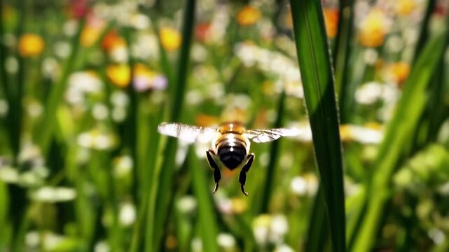 A close-up shot of a bee in mid-flight, surrounded by colorful flowers and greenery. The bee's wings are spread as it flies through a natural, sunlit environment