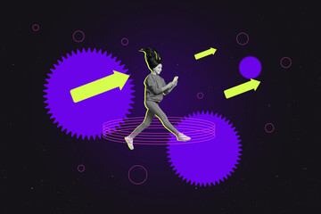 Image trendy art banner collage of happy businesswoman run arrow pointer surf phone freelancer...