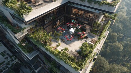 Rooftop drone, modern apartment building, lush greenery