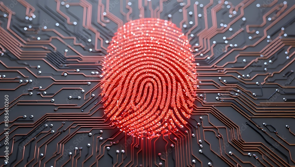 Poster red fingerprint security biometric authentication technology circuit board concept
