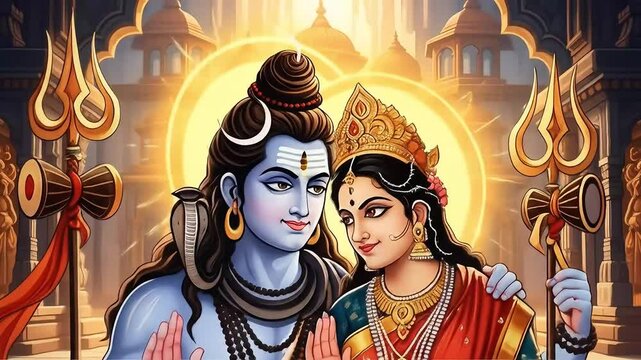Hindu Gods Shiva and Parvati in Sacred Temple Setting.