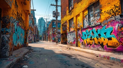 Fototapeta premium Vibrant Urban Alley with Colorful Graffiti on Brick Walls