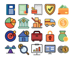 Set of modern business and finance vector icons. Includes banking, accounting, investment, and money-related concepts. Perfect for apps, websites, presentations, and infographics.
