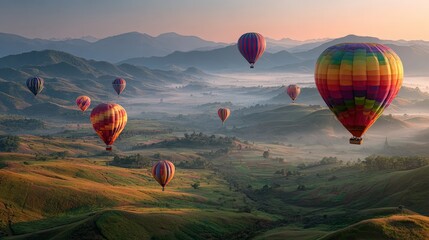 Obraz premium Colorful Hot Air Balloons Floating Over Rolling Landscape at Dawn