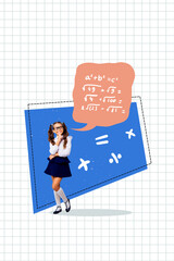 Template collage design trend artwork 3D sketch of young girl stand think maths numbers nerd pupil...